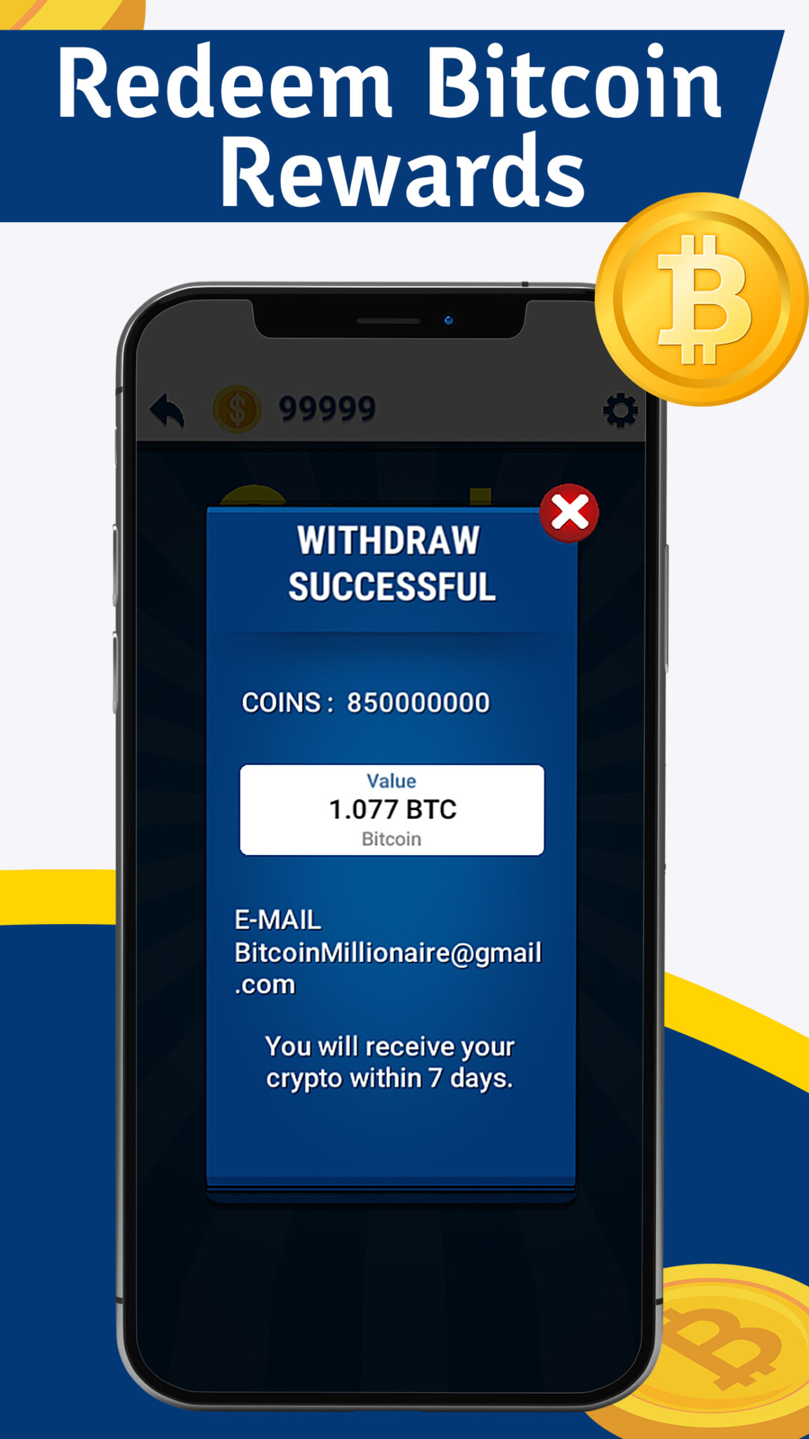 In-app Bitcoin withdrawal screen from a ZC Game Studio app